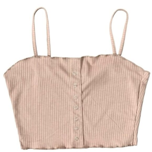 Primark Crop Tank Top Button Front Taupe Lettuce trim Ribbed Size Small - Picture 3 of 9